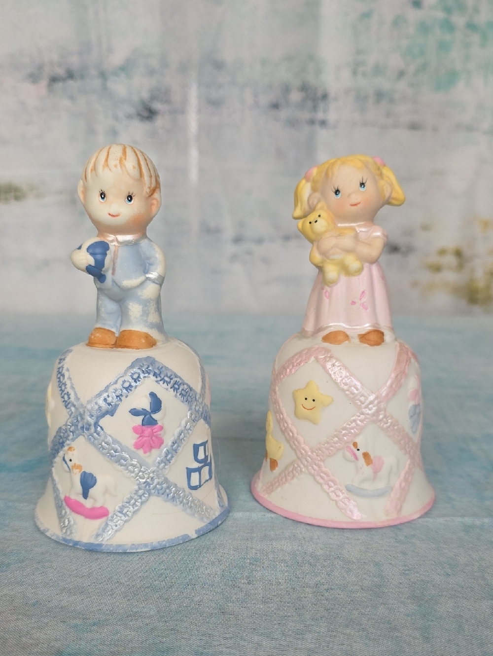 Ceramic Boy and Girl Bell Figurines — Blue & Pink